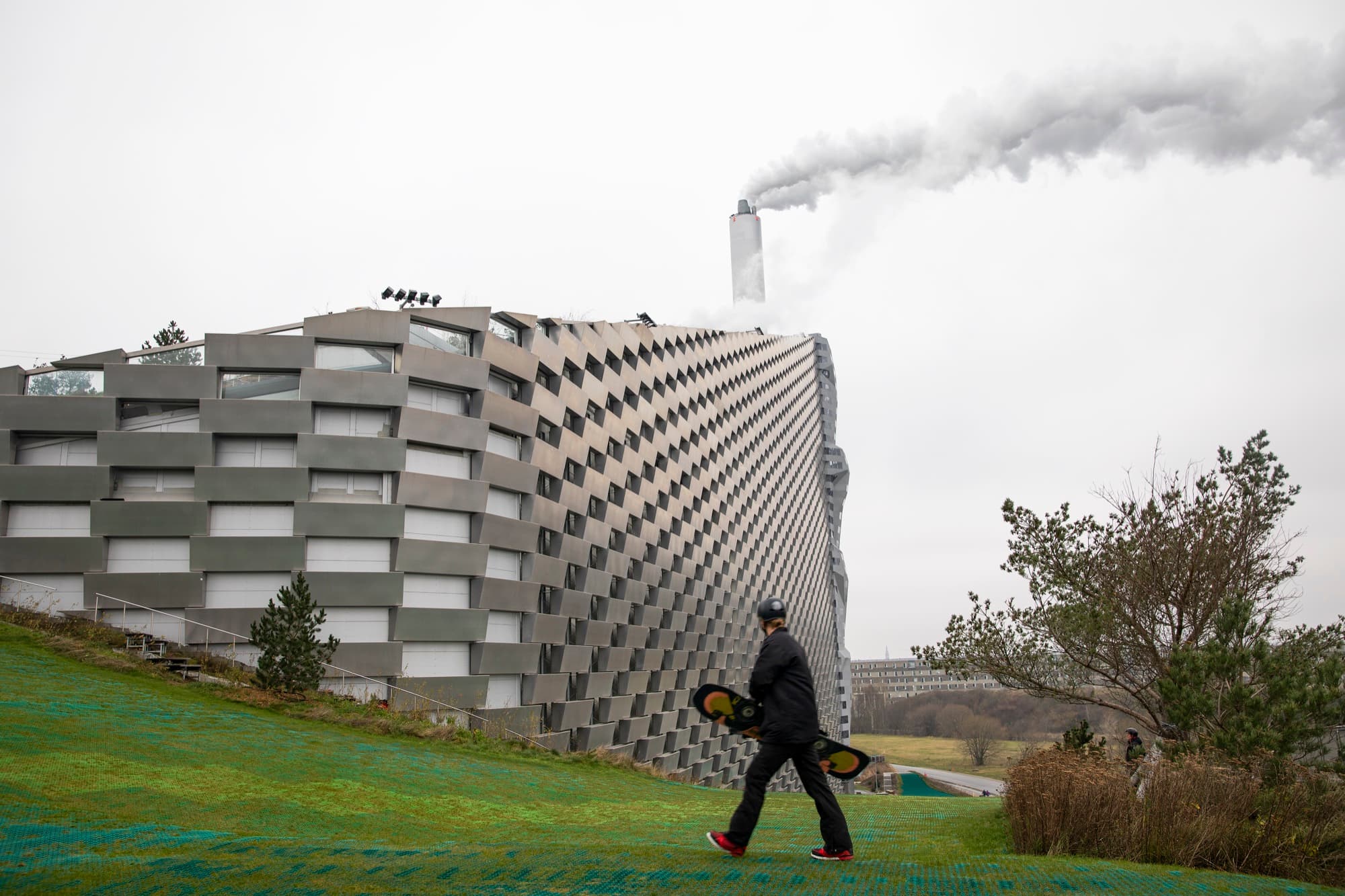 CopenHill's artificial ski slope rises on top of the Amager Bakke waste-to-energy plant in Copenhagen.